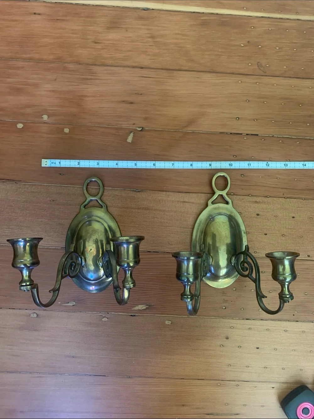 Vintage Pair of Brass Double Taper Candle Holder Sconces